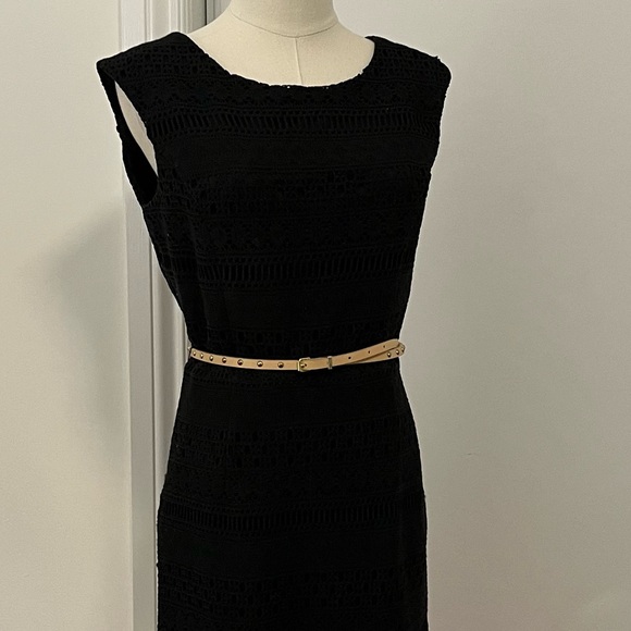 Ellen Tracy Black Dress Small Midi Work Office Dinner Party Textured Beige Belt - Picture 4 of 10